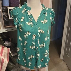 MELLODAY Teal Floral Ruffle Blouse